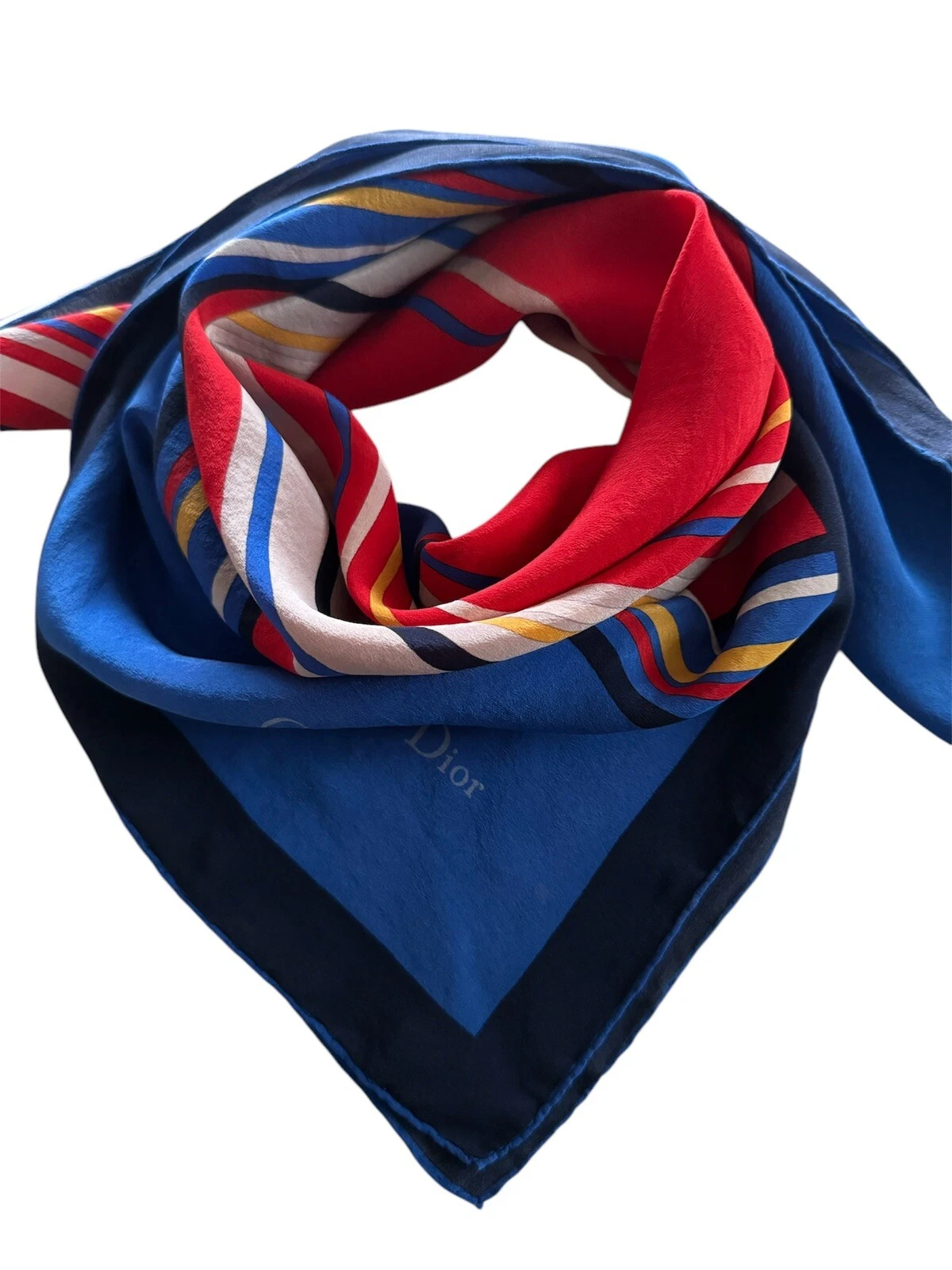 Foulard vintage Christian Dior 100% soie bleu rouge abstrait rare pour collection