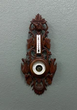Antique French Black Forest Barometer Thermometer Hound Dogs Birds Carved Oak