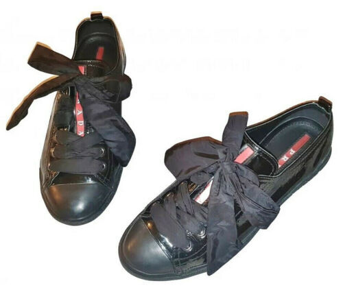 Prada Sport Black Leather And Patent Lace Up Sneakers Size Prada Sport Black Leather And Patent Lace Up Sneakers Size