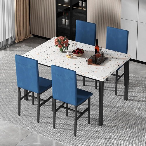 5 Piece Dining Table Set, Modern Faux Marble Tabletop and 4 PU Leather Upholster - Picture 3 of 7