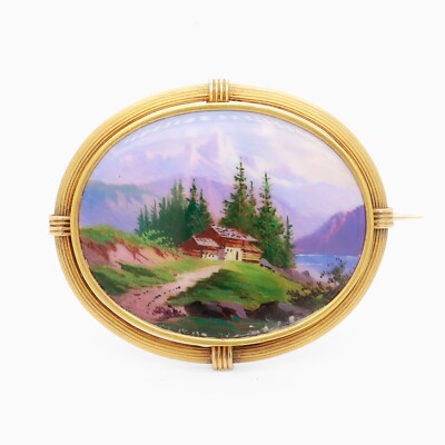 Antique Swiss Enamel and 14k Gold Brooch with a Mont Blanc Scene.
