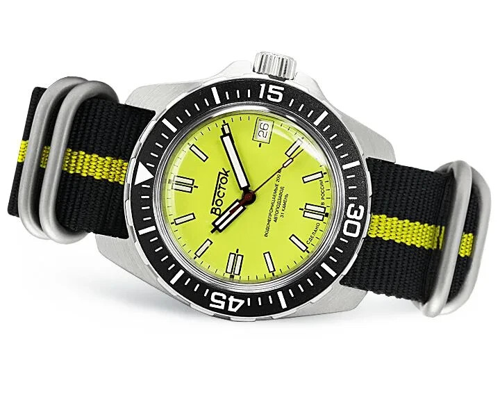 ☆VOSTOK/ボストーク アンフィビア 自動巻・イエローチェッカーフラッグ☆ Vostok Amphibia 14050B Watch Tourist Automatic Yellow Exclusive