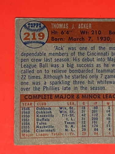 Tom Acker ~ 1957 Topps #219 ~ Cincinnati Redlegs ~ Wrinkled - Bild 5 von 7