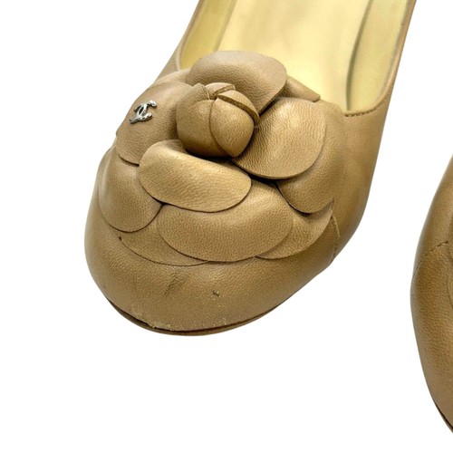 CHANEL Beige Leather Camellia Flower High Heel Shoes Size 38.5 - Picture 20 of 23