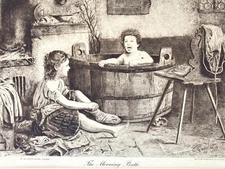 1889 Vautier Morning Bath Antique Victorian Woodblock Print Child Boy Girl Baby