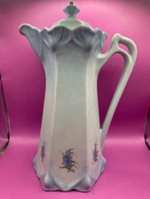 Antique Tall Hand Painted Unmarked Chocolate Pot Pitcher Blue Floral
