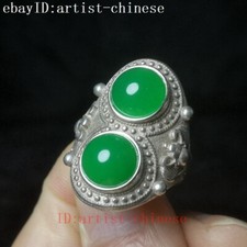China&nbsp;Tibet&nbsp;Silver carving bat statue inlay jade ring excellent Gift Collection