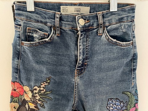 TOPSHOP Moto Jamie Jeans W25 L30 Embroidered Distress Skinny Stretch Mid Rise - Picture 3 of 14