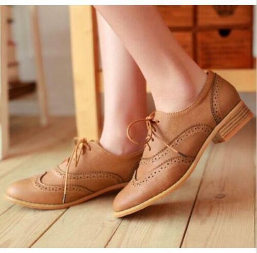 Women brogues Lace Up Wing Tip Oxford College Flat heels Shoes - Picture 1 of 10