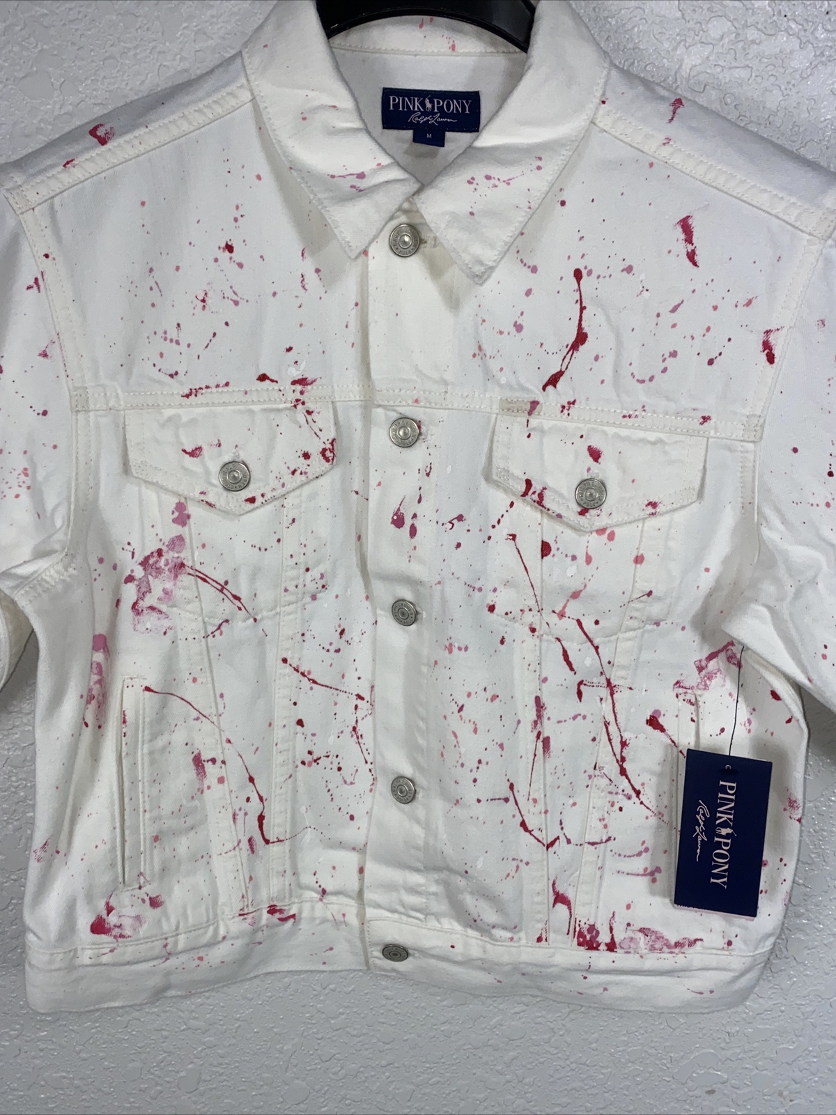 Polo Ralph Lauren Pony Rosa (Donna X LARGE) Giacca Denim Bianco Rosa Splatter