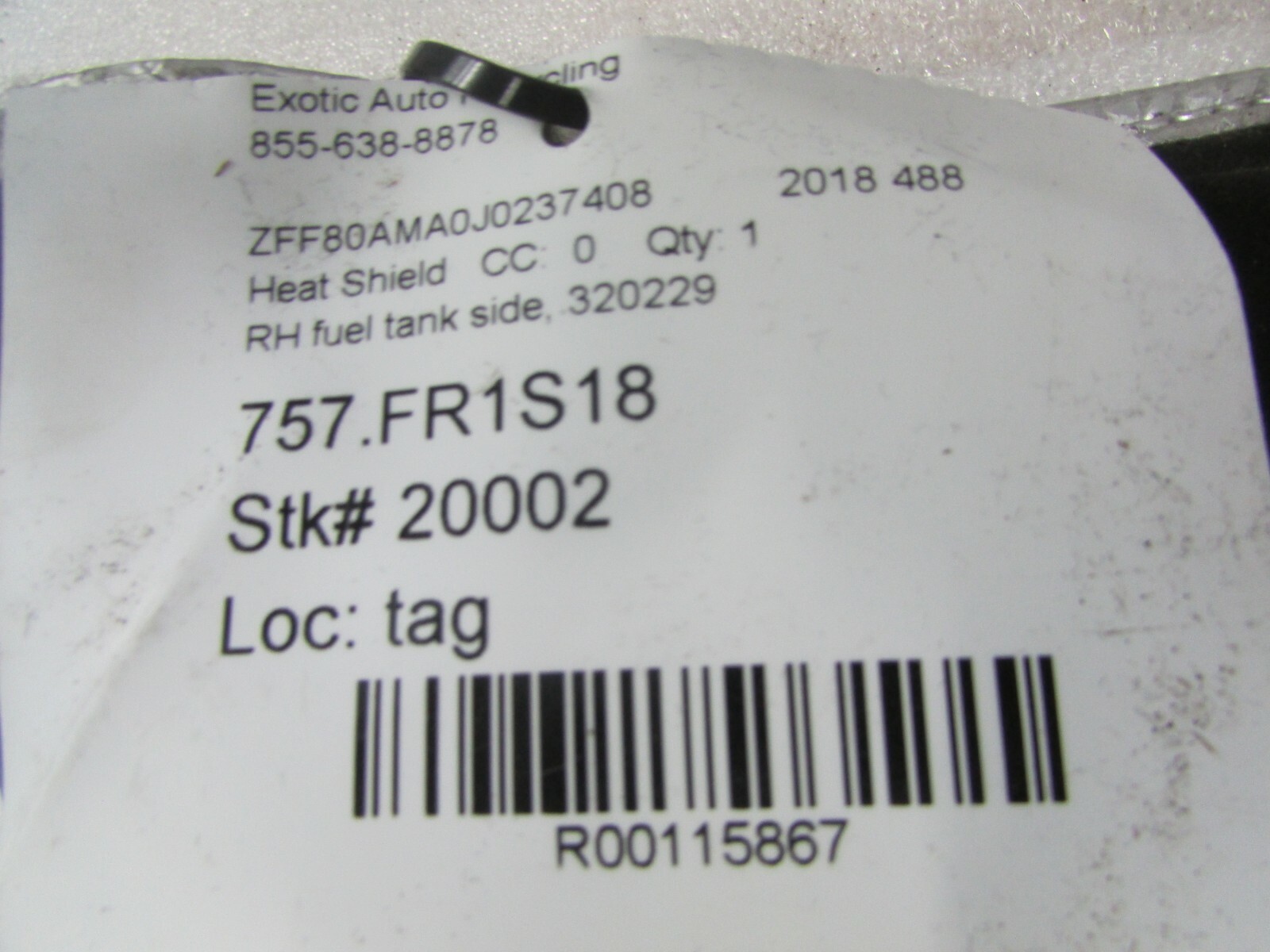 Ferrari 488, RH, Right Fuel Tank Heat Shield, Used, P/N 320229