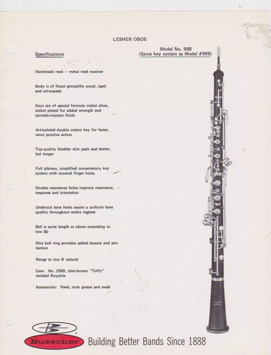 VINTAGE AD SHEET 2529 1970s BUESCHER MUSICAL INSTRUMENT 988 LESHER OBOE