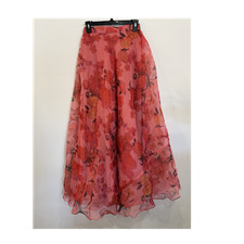 Women  s Pink/Red Floral Chiffon Long A-Line Skirt, Elastic Waist. Lehenga