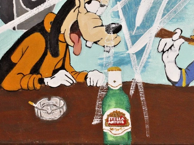 Lienzo de arte pop pintado a mano original - personajes de dibujos animados escena de vida nocturna 16x20 Foto 2 de 3