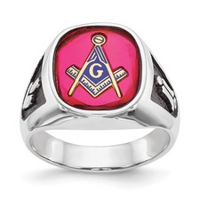14k White Gold with Black Enamel and Lab Created Ruby Masonic Men Ring