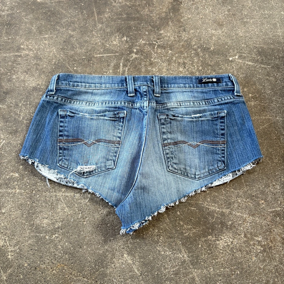 Vintage Lucky Brand Cut Off Denim Jean Shorts Size 10 Blue Faded Y2K Stretch 2" - Image 4 of 4