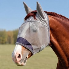 Horse Fly Mask with Ears UV Protection Fine Mesh Adjustable Breathable Grey L