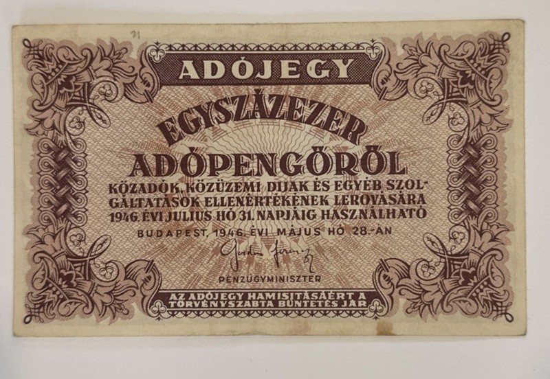 1946 Hungary 100000 Adopengorol P144e VF