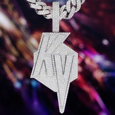 3.50Ct Round Cut Real Moissanite Men's Custom ''KV'' Pendant 14k White Gold Plated