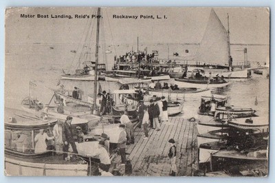 View Of Motor Boat Landing Reid's Pier Rockaway Point Long Island NY Postcard