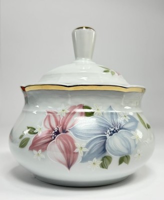 THUN TK Czechoslovakia Lidded Sugar Bowl 6oz Natalie Floral White Gold Rim VTG