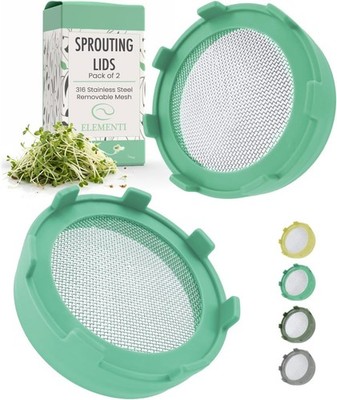 Elementi Sprouting Lids for Wide Mouth Mason Jars (Set of 2), Sprouting Jar Kit