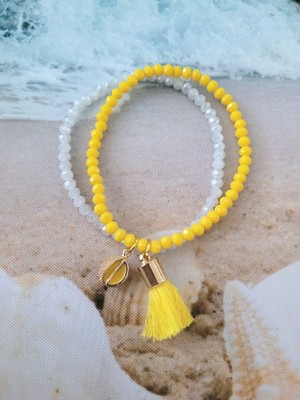 Sylvie's Handmade 2er Kristall Armband 4 mm Gelb Weiss Charm + Quaste 18cm /1280