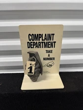 Vintage COMPLAINT DEPARTMENT DUMMY GRENADE TAKE ANUMBER COUNTER TOP DISPLAY SIGN