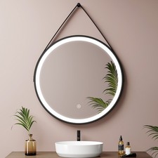 EMKE Round Bathroom Mirror With LED Lights Leather Strap Wall Hanging 50cm 60cm