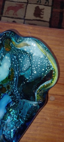 Vintage Murano Tutti Fruitti Blue Base Silver & Gold Fleck Ash Tray Bowl 8” NIce - Picture 4 of 9