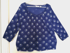 Liz Claiborne Womens Blouse 2X Plus Blue White Polka Dot Lined Shirt 3/4 Sleeve