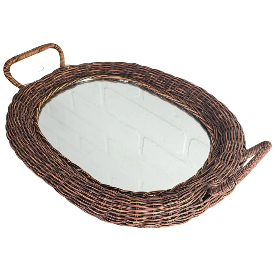 Bandeja de tocador de ratán de mimbre marrón oscuro de colección años 70 espejo ovalado vidrio boho retro 13,5 Foto 2 de 4