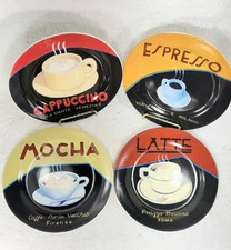 Marco Fabiano 4 Decorative Coffee Plates Expresso, Cappuccino, Latte &Mocha