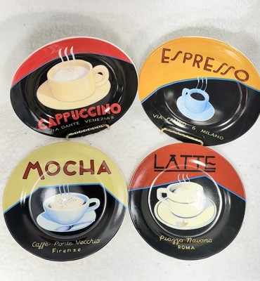 Marco Fabiano 4 Decorative Coffee Plates Expresso, Cappuccino, Latte &Mocha