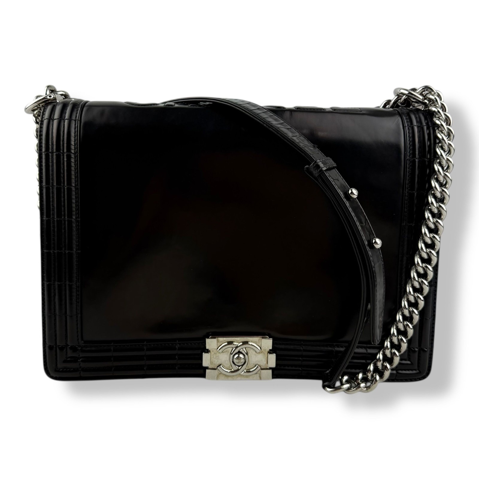 Chanel Black Gloss Leather Large Lambskin Boy Handbag