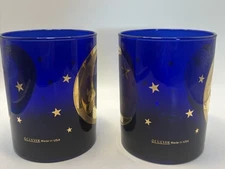 Culver Cobalt Blue Glass Celestial Gold Moon & Stars Lowball Tumblers (Pair)