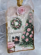 Victorian Shabby Chic Christmas Tree Pink Roses Decoupage Glass Glitter Ornament