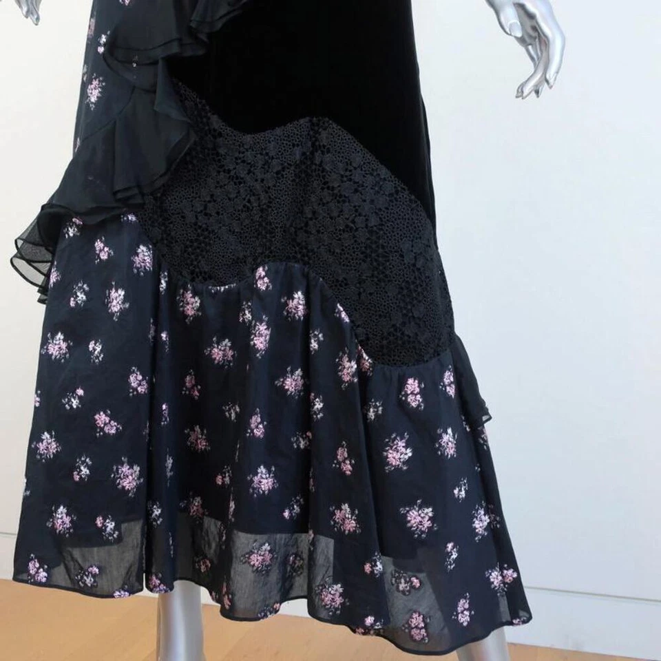 Vestido Rebecca Taylor Midi Negro Volantes Terciopelo y Jacquard Floral Talla 2 Foto 4 de 4