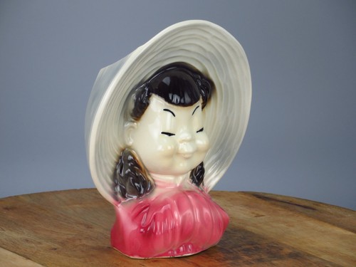Vintage Royal Copley Head Vase Asian Girl Planter Wall Pocket Oriental Hat Pink - Picture 8 of 12