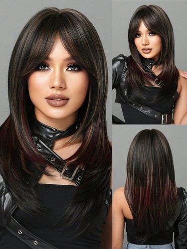 Black Wig 24 Inch Long Straight Wig Layered Highlights Black Curtain Bangs Wig