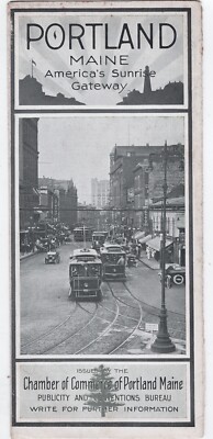 CA 1918 REISEPROSPEKT PORTLAND MAINE LEUCHTHÄUSER DAMPFER EISENBAHN WAGENKARTE