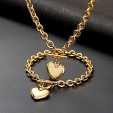 Womens Gold Stainless Steel Rolo Chain Love Heart Toggle Bracelet Necklace Set