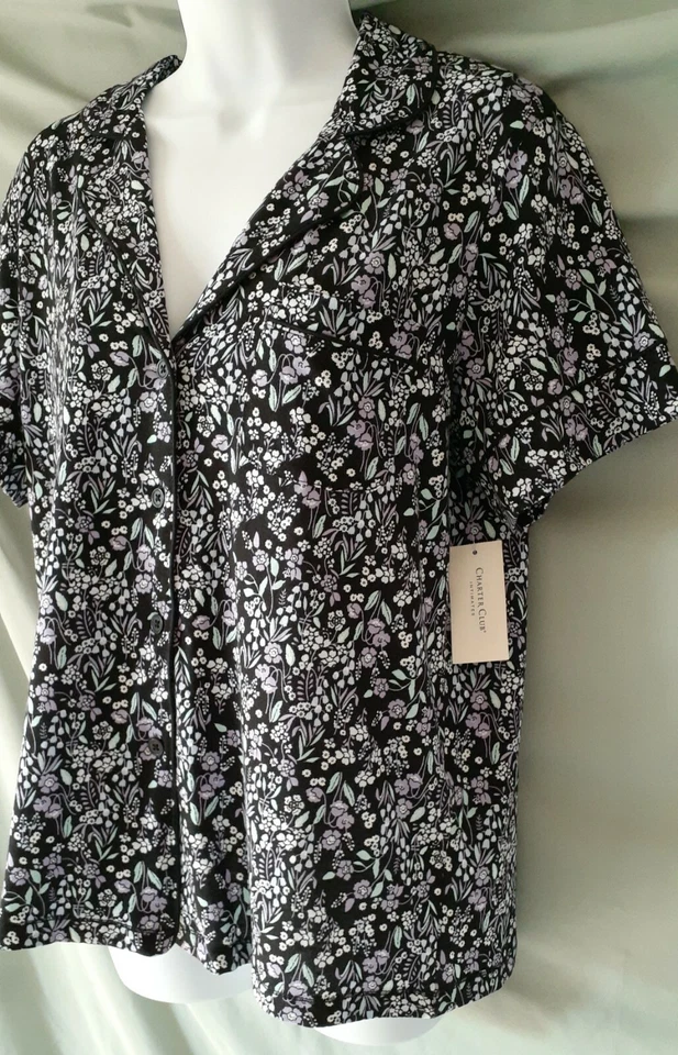 Conjunto de pijama Charter Club púrpura negro manga corta pantalones capri X - pequeño 38" BUSTO Foto 2 de 4