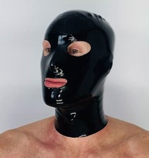 Black Latex Hood Full Face Rubber Mask Exposed Eyes Mouth w/ Zip BDSM Fetish UK