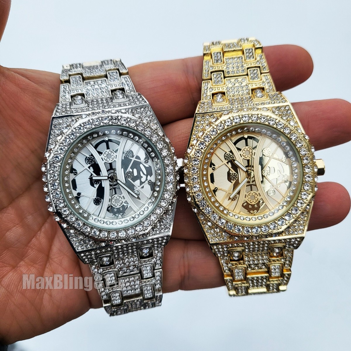 Men's Watch Luxury Skelecton Dial Simulated Diamond Metal Hip Hop Full Iced  Band