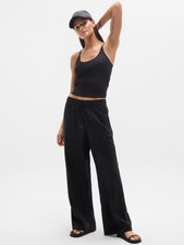 Athleta SP S PETITE Retreat Linen High Rise Wide Leg Pant Black Summer Pants NEW