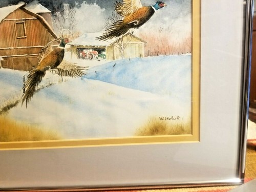 SWEET WINTER PRINT of PAINTING 3 PHEASANTS FARM YARD OLD TRACTOR & BARN HOLUB - Picture 6 of 8
