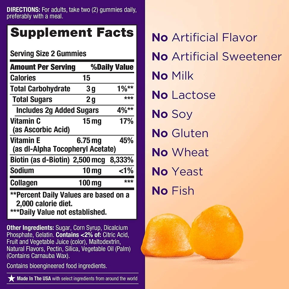 2件装头发、皮肤和指甲木乃伊含生物素和胶原蛋白160计数(2x80)橙色 — 第 2/4 张图片