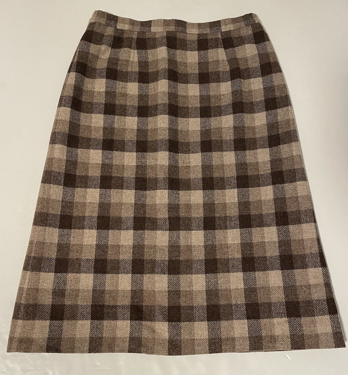 Vintage Country Suburbans 100% Wool Skirt Womens 12 Beige Brown Plaid Midi  70s
