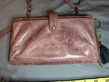 The Sak Distressed Leather Zip-Around Maroon Wallet Wristlet or Cross Body Purse